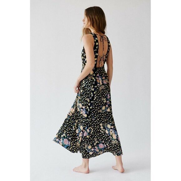 NEW FREE PEOPLE Sz 6 VALENTINA DRESS SATIN PRINTED MIDI DRESS IN BLACK - Picture 2 of 4